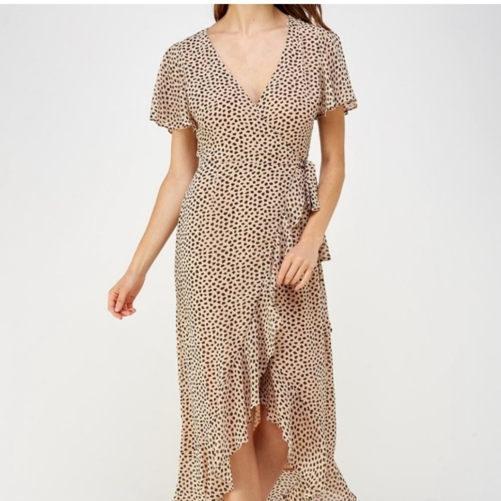 Vestique midi dress wrap dotted size M tan black summer romantic Sunday classic